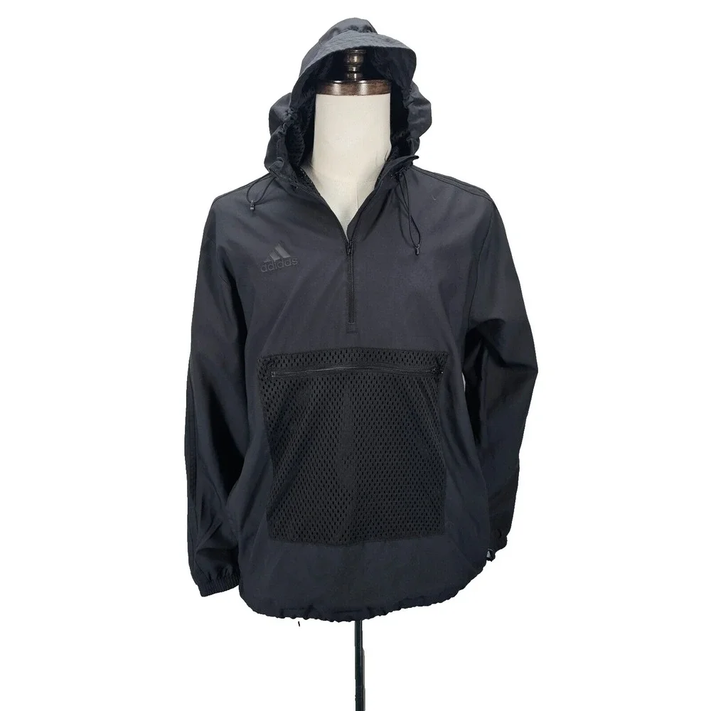 Adidas Black Men's Large‎ Hooded Half Zip Windbreaker Mesh Zip Pouch Running